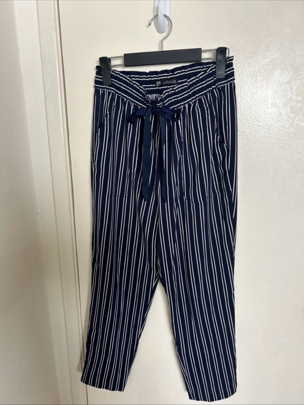 Zara Navy and White Striped Paperbag Waist Pants